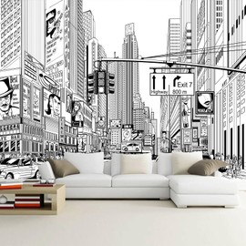 WFBHUA-Black and White New York City Wallpaper Hand Painted Times Square Wall Mural Decoration for Living Room Bedroom Offices(Not Peel and Stick)