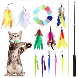 GeeRic Interactive Cat Teaser Toys Set, 14PCS Feather Toys & Furry Caterpillar Toys with Choker， Flexible Poles, Retractable Wand Toy for Indoor Cats