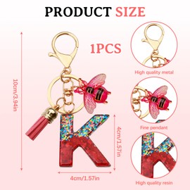 ORUZA Alphabet Initial Letter Keychain, Rose Sequin Initial Letter Keyring with Bees Tassel Pendant Resin Alphabet Key Ring for Women Wallet Purses (K)