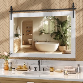 Hasipu Farmhouse Bathroom Mirror, 48"x32" Rustic Wood Framed Wall Mounted Mirror, White Vintage Vanity Mirror Barn Door Style Decrative Mirrors