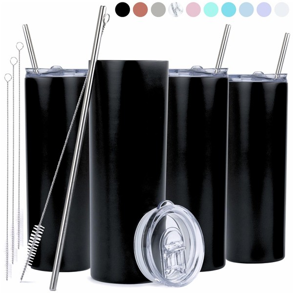 STRATA CUPS Black Skinny Tumbler with Lid and Straw (4 Pack) - 20 Oz Double Wall Insulated Stainless Steel Slim Tumbler with Straw Cleaner, Reusable Metal Tumbler for Hot and Cold Drinks