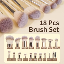 MAANGE 18Pcs Brochas de Maquillaje con Estuche Kit Alta Calidad Sintético Multifuncional Set de Brochas para Ojos en Polvo para Base de Maquillaje(Champán)