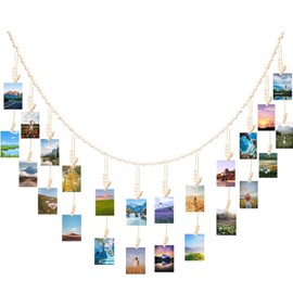 Hanging Photo Display with Clips, 70" Wooden Bead Garland Banner, Photo Banner for Pictures, Photo String with Clips, Photo Hanger for Office Cubicle Decor, Boho Farmhouse Wall Decorations