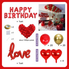 Birthday Decorations Red And Gold Birthday Party Decorations With red Rose Petals Happy Birthday gold Heart Shape Balloons And Love Balloons Suitable Perfect for couples' birthdays or anniversaries