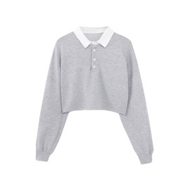 Remidoo Women's Collared Half Button Crop Top Polo Long Sleeve Cropped Sweatshirt Grey Small