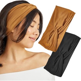 Wide Headbands for Women - Fashion Sports Headband for Workout, Yoga, Gym, Running, Exercise | Stretchy Head Bands for Women’s Hair | Hair Accessories for Women (Black and Camel, One Size)