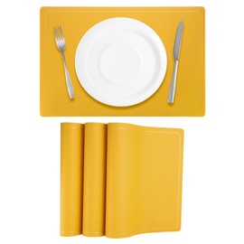 sourcing map 4 Pcs Faux Leather Placemats for Dinner Table, PU Leather Rectangle Table Mats Placemats Heat Resistant Waterproof Oil Proof Kitchen Placemats (Yellow Gold Line)