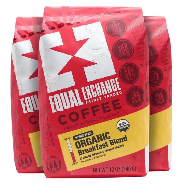 Equal Exchange Organic Whole Bean Coffee, Breakfast Blend, 12-Ounce Bag (Pack of 3)