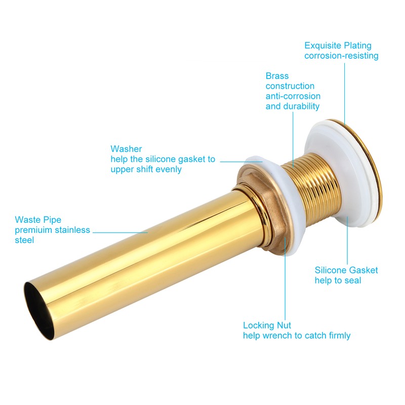 Gold Sink Drain without Overflow Anti Clog Bathroom Faucet Wash