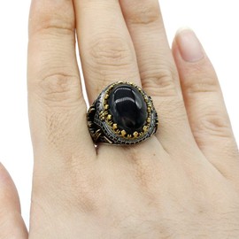 Qida Natural Agate S925 Pure Silver Black Agate Stone Men's Ring Vintage Castle Men's Ring Gothic Unique Bracelet (Size 11)