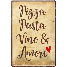 schilderkreis24 Tin Sign Funny Saying "Pizza Pasta Vino & Amore" Decorative Humour Door Sign Food Metal Sign Gift Birthday or Christmas 20 x 30 cm