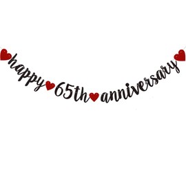 Happy 65th Anniversary Banner, Pre-Strung,Black Glitter Paper Garlands for 65th Wedding Anniversary Party Decorations Supplies, No Assembly Required,Black,SUNbetterland