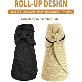 Kyzistn 2Pcs Foldable Straw Sun Visor Hats,Wide Brim Ponytail Summer Beach Hat, Protect Your Skin Easily Perfect for Women Summer Vacation (Black)