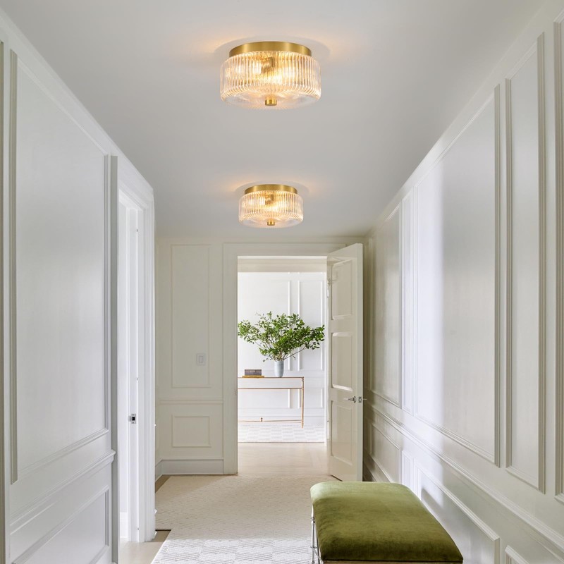 Glass Flush Mount Ceiling Light: 12" Round Clear Ribbed Glass
