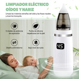 Irrigador Nasal Electrico, Saca Mocos para 3 Cabezales de Silicona y Carga USB, 5 Niveles de Succión Ajustables para Limpieza de Orejas, Nariz, Suciedad y Moco.
