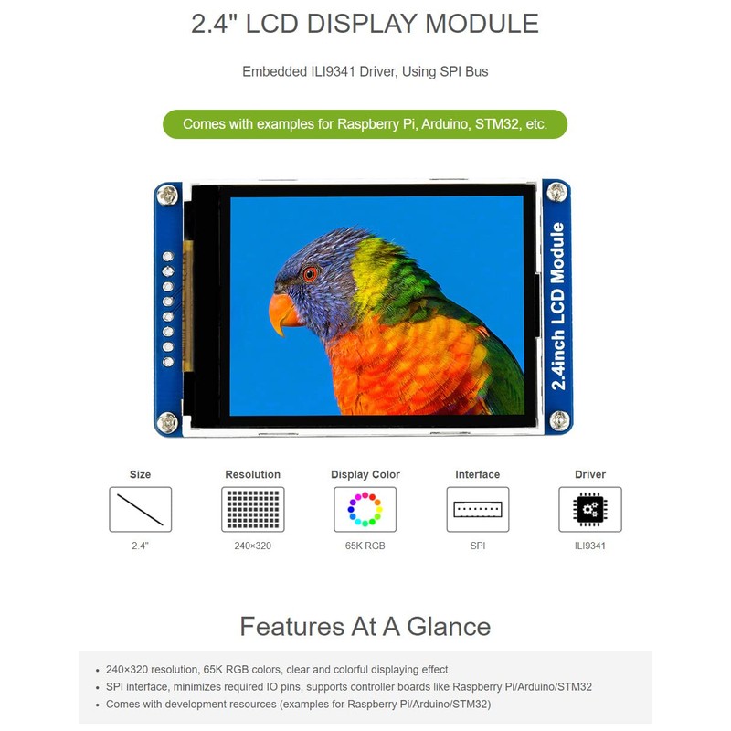 Waveshare 2.4 inch LCD, Compatible with Raspberry Pi 4B/3B+/3A+/3B/2B/1B+/1A+/Zero 2