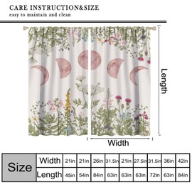 Witchy Moon Phase Curtains, Rustic Vintage Wildflower Plant Leaves Botanical Herbs Pink Moon Phase Print Window Drapes for Living Room Girls Bedroom Kitchen Decor 42" W X 45" L