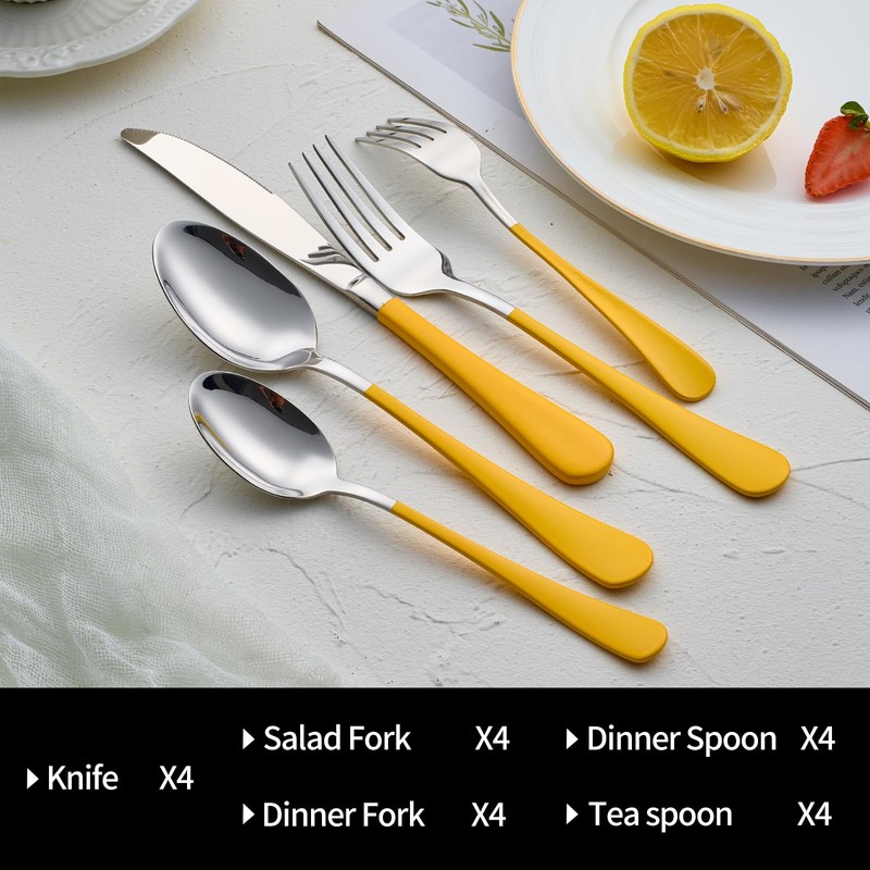 DINYWOW 20-Pieces yellow Silverware Sets for 4,Blue Handle Stainless Steel