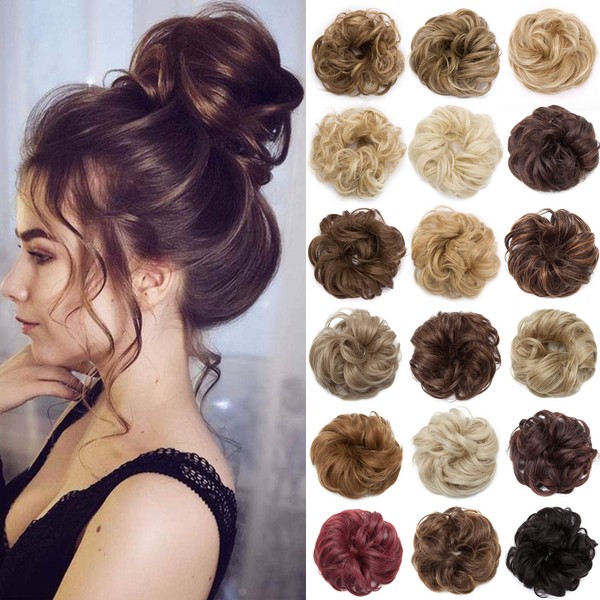 S-noilite Hair Bun Extensions Messy Wavy Curly Dish Donut Scrunchie Hairpiece Accessories Chignons Updo Ponytail Pony Tail Synthetic Hair Extension for Women Girl -1 Piece 30G Medium Brown to Dark Auburn