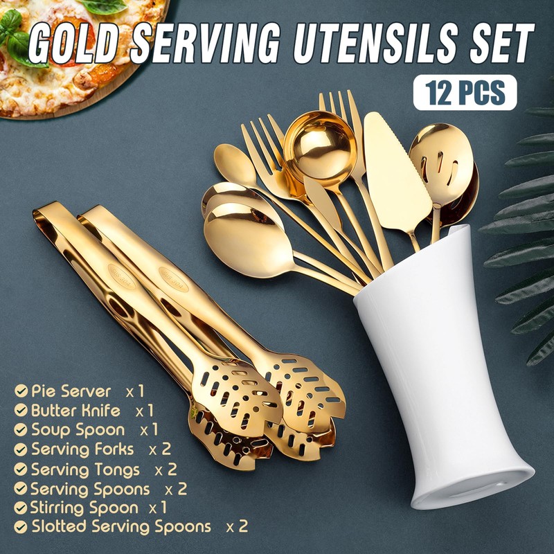 Gold Serving Utensils, OGORI 12-Piece Stainless Steel Serving Utensils Include