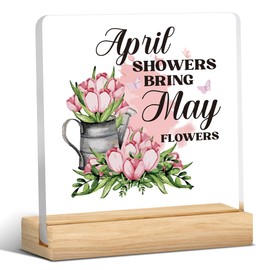 Funny Spring Sign Tulip Decor Cute April Showers Bring May Flowers Acrylic Sign Spring Decorations for Home Office Desk Cubicle Shelf Decor Spring Home Decor Gifts for Women 4 x 4 inch