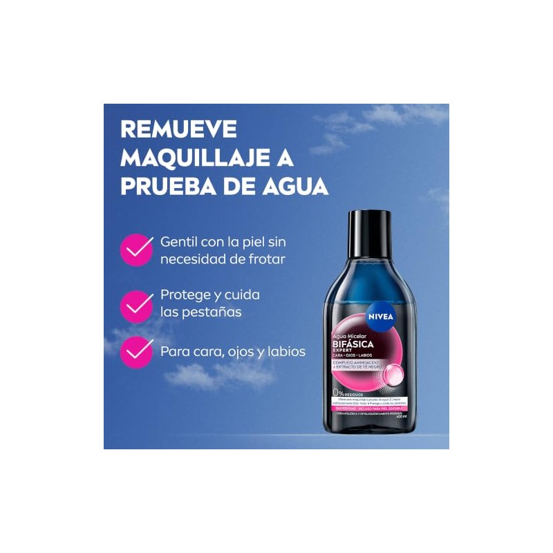 Nivea Agua Micelar Desmaquillante Bifásica Expert 400 Fórmula Vegana Complejo