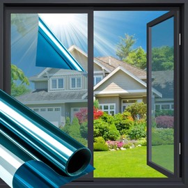 Bloss Reflective Window Film Heat Control, Room Darkening Window Film, Heat Reducing Windows Film, Blue-Silver, 17.7 x 196inch