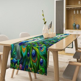 Peacock Table Runner Stained Glass Green Peacocks Pattern Table Runner Table Cloth Decoration Dresser Garden Farmhouse Wedding Party Vacation Dinner Home 13x60 inches