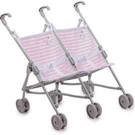 JC Toys Boutique | Twin Folding Umbrella Doll Stroller for Children 2 Years Plus, Pink Stripes and Soft Embroidery | Sturdy Metal Frame | Pretend Play with Dolls up to 18” Long | Seat Belts