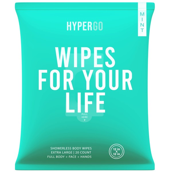 HyperGo Quick Mint Refreshing Body Wipes - Gym, Hiking, Travel, Camping, Post workout Wipes for Cleansing, Biodegradable, All-Natural Ingredients, 12" x 12" - 20 Count Bathing Wipes (1 Pack)