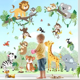 decalmile Safari Jungle Animals Double Sided Window Clings Lion Elephant Giraffe Monkey Anti-Collision Glass Doors Window Stickers Decals