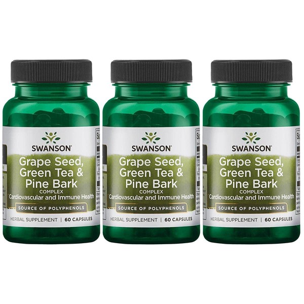 Swanson Grape Seed Green Tea & Pine Bark Complex Heart Cardiovascular Immune Support Health Antioxidant Healthy Blood Pressure Support Polyphenols OPCS Herbal Supplement 60 Capsules (Caps) (3 Pack)