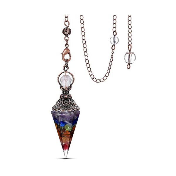 JSDDE 7 Chakra Resin Crystal Pendulum 6 Faceted Point Gemstone Reiki Healing Pendulums for Dowsing Scrying Divination Meditation