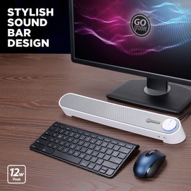 GOgroove Computer Speaker Mini Soundbar - USB Powered PC Sound Bar with Easy Setup Wired AUX, Stereo Audio, Microphone Port, Volume Control Knob, Under Monitor Design for Desktop (White)