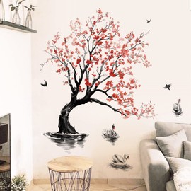 decalmile Wall Sticker Large Flowers Tree Wall Sticker Swan Peach Blossom Tree Wall Sticker Bedroom Living Room Sofa TV Background Wall Decoration (H:140 cm)