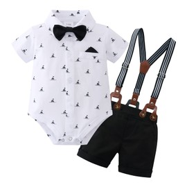 YUEMION Infant Baby Boy Clothes Gentleman Outfits Suits Summer Short Sleeve Bow Tie Bodysuit Shirts + Suspender Shorts(White2,3-6 Months)
