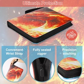 Gbchais Fire & Ice Dragon 9 Pocket Trading Card Binder Album, Holds 900 Cards with 50 Removable Double-Sided Sleeves, Waterproof PU Leather Zipper Binder for TCG, MTG, Sports Cards