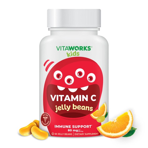 VitaWorks Kids Vitamin C Jelly Beans 80mg - Tasty Natural Orange Blast Flavor - Vegan, GMO-Free, Gluten Free, Nut Free Vitamins - Dietary Supplement - for Immune Support - for Children - 60 Jellies