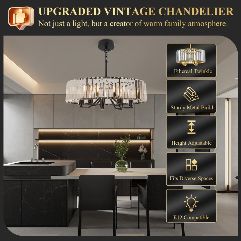 Black Crystal Chandelier for Dining Room, 6-Light Modern Semi Flush