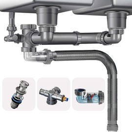 QruiLanTu Double Sink Drain Kit Space Saving Kitchen Sink Drain Kit Expandable Flexible 1 1/2" P-Trap Pipe 3-1/2 Inch Sink Drain Assembly Kit with 4-Way Fitting Adapter for Dishwasher