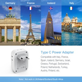 2 Pack European Plug Adapter USB C, TESSAN US to Europe Plug Adapter with 4 Outlets 3 USB Charger, Type C Power Adaptor to Italy Spain France Portugal Iceland Germany, Gray White | TESSAN
