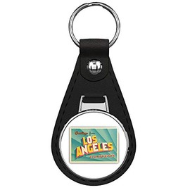 Los Angeles City USA Vintage Greeting Label Keychain Black Premium Leather Key Chain with Key Ring