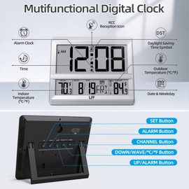 LFF Atomic Clock Large Display, Digital Wall Clock with Indoor Outdoor Temperature and Date, Wireless Outdoor Sensor, Digital Desk Alarm Clock Battery Operated for Bedroom, Easy to Read,Sliver