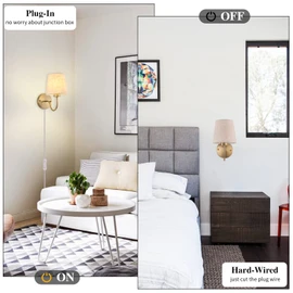 LASENCHOO Plug in Wall Sconces Set of Two, Modern Wall Lamp with Plug in Cord 6.56ft & On/Off Switch with Fabric Lampshade, Gold Sconces Wall Lighting Fixture for Bedroom Bedside Living Room Porch