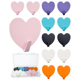 DueHoppee 12 Pack Self-Adhesive Hooks for Wall, Multi-Color & Multi-Shapes, Stainless Steel Key Hangers, Decorative Hook for Hanging Hats, Bags, Towels (Heart Shaped)