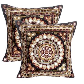 Original Kikan Set of 2 Fine Embroidery Floral Geometric Mandala Pattern 40x40cm Indian Ethnic Throw Pillow Case Boho Throw Pillow Cover Takiya Sofa Cushion Zipper Durable