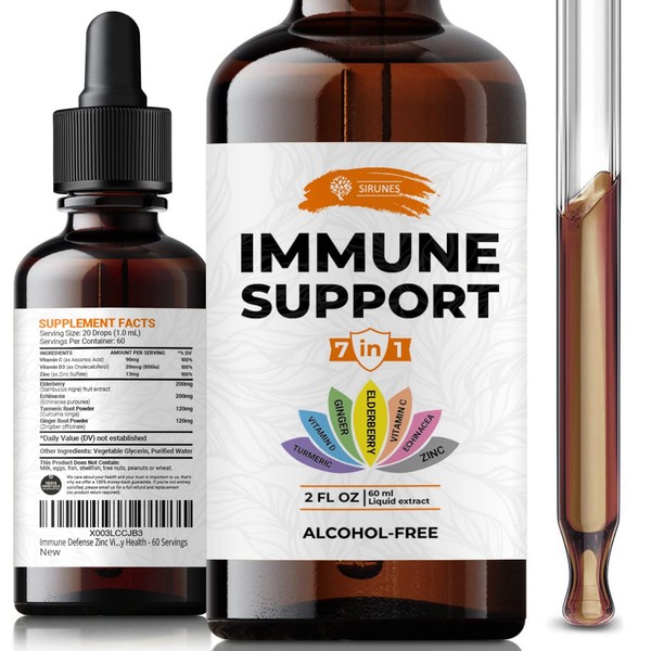 SIRUNES Immune Defense Zinc Vitamin C D3 Liquid Immune Support with Echinacea Turmeric Ginger and Elderberry - 7in1 Drops Complex for Immunity Health Respiratory Health - 60 Servings