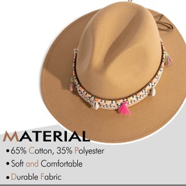 Gossifan Women's Felt Fedora Hat Wide Brim Panama Hats with Tassel-Camel