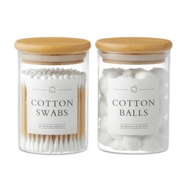 INIUNIK 2 Pack Glass Qtip Holder Dispenser, Apothecary Jars with Lids, Bamboo Bathroom Accessories, Vanity Bathroom Decor, Bathroom Organizers Jars Containers for Cotton Ball Swab Pad Floss Picks