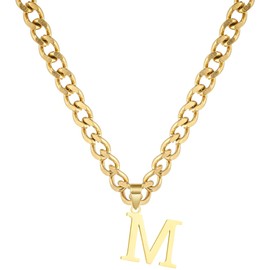 Gold Initial Necklace for Women Men Teens, 14K Gold Plated Stainless Steel Letters with 5mm Wide Cuban Chain Necklace, Capital Monogram Necklace Alphabets from A-Z, chain length: 22", Stainless Steel,